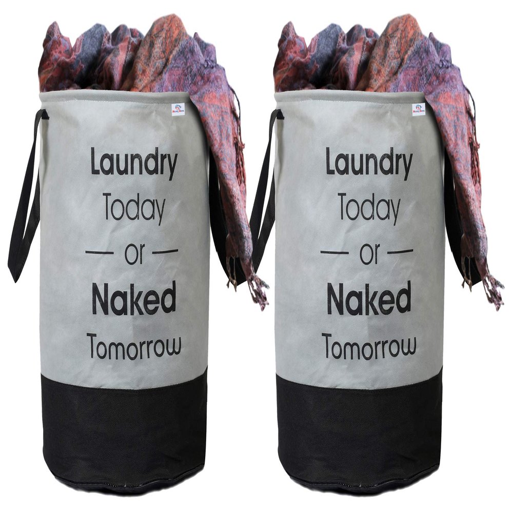 Heart Home Round Non Woven Fabric Foldable Laundry Basket, Toy Storage Basket, Cloth Storage Basket With Handles,45 Ltr (Set Of 2, Grey & Black)-HEARTXY11448