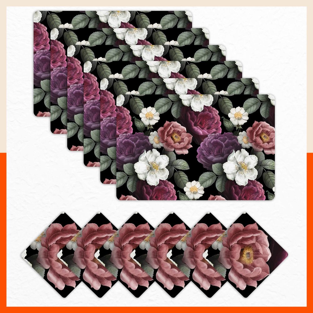 Bathla Table Mats - Set of 6-45cm x 30cm PVC Table Placemats & Coasters for Home Dining Table | Multipurpose, Heat-Resistant, Waterproof & Washable | Matworks (Camellia)