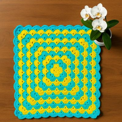 RR RITIKA Square wool Crochet Handmade Table Mat (33 cm, Sky Blue & Lemon)