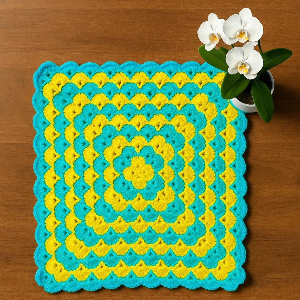 RR RITIKA Square wool Crochet Handmade Table Mat (33 cm, Sky Blue & Lemon)