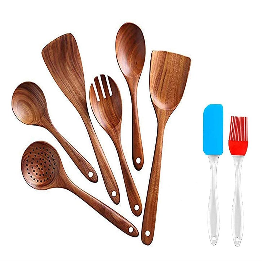 WOOD ART STORE Wooden Cooking Spoon Set with Spatulas for Non-Stick Kitchen Utensil Cooking Set Non Scratch Natural Wood Utensils for Cooking | Set of 6 and 1 Set of Silicon Spatula and Oil Brush (6)