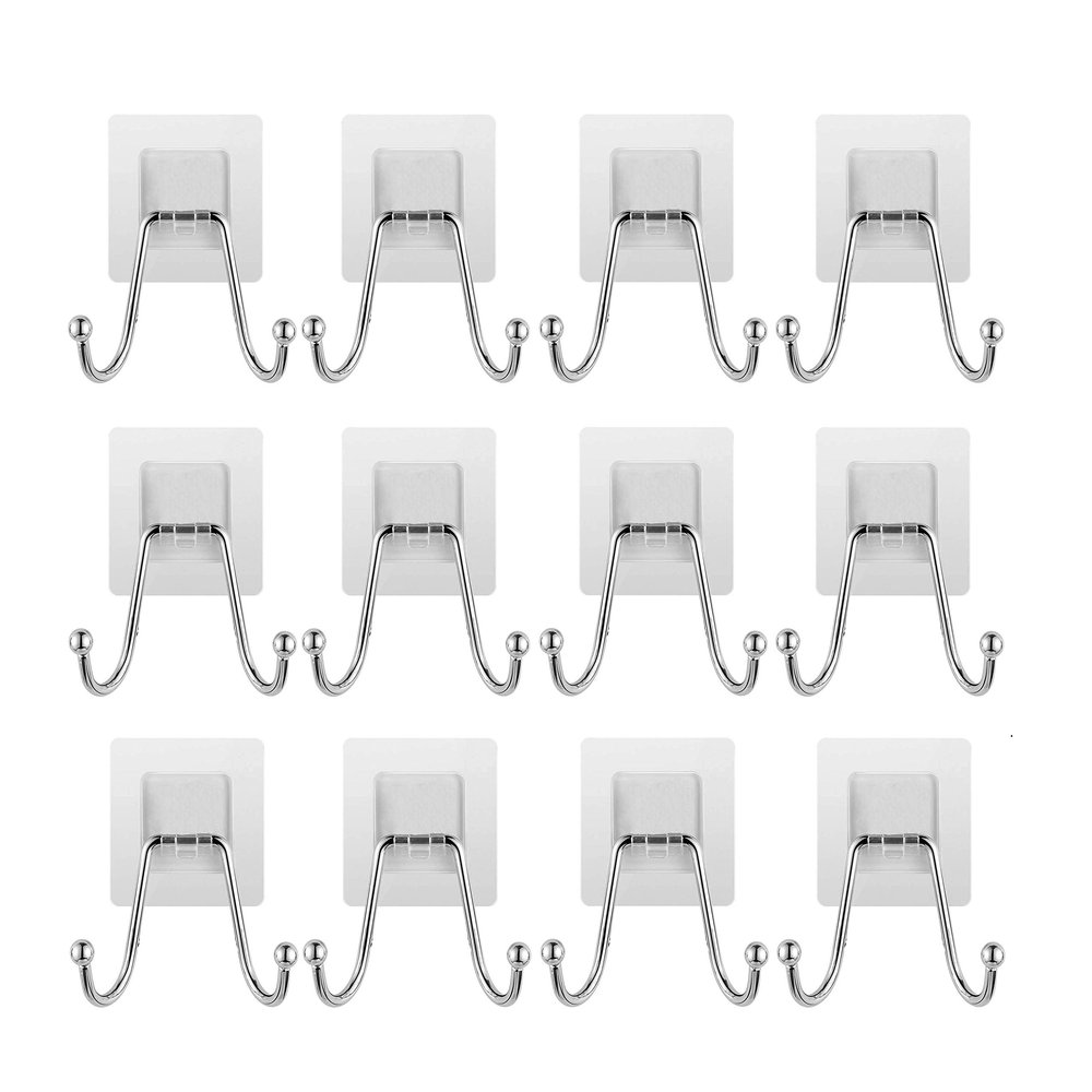 SEMITO Premium Wall Hooks, 10kg(MAX) Heavy Duty Self Adhesive Hooks, Nail Free Transparent Seamless Hooks, Waterproof Oilproof, Suitable for Bathroom Kitchen Reusable Utility Hooks (12, Double Hook)