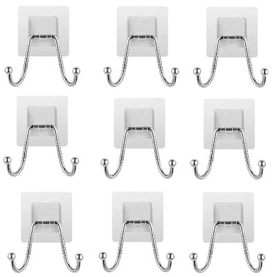 ZAVASIKA 9Pcs Stainless Steel Wall Hangers, Bath Towel Double Hook, Self Adhesive Hooks Stick On Wall Hanging Door Clothes Holder Utility Hanging Hooks Storage (Transparent) (9, Double Hook)