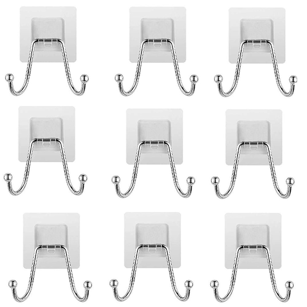 ZAVASIKA 9Pcs Stainless Steel Wall Hangers, Bath Towel Double Hook, Self Adhesive Hooks Stick On Wall Hanging Door Clothes Holder Utility Hanging Hooks Storage (Transparent) (9, Double Hook)