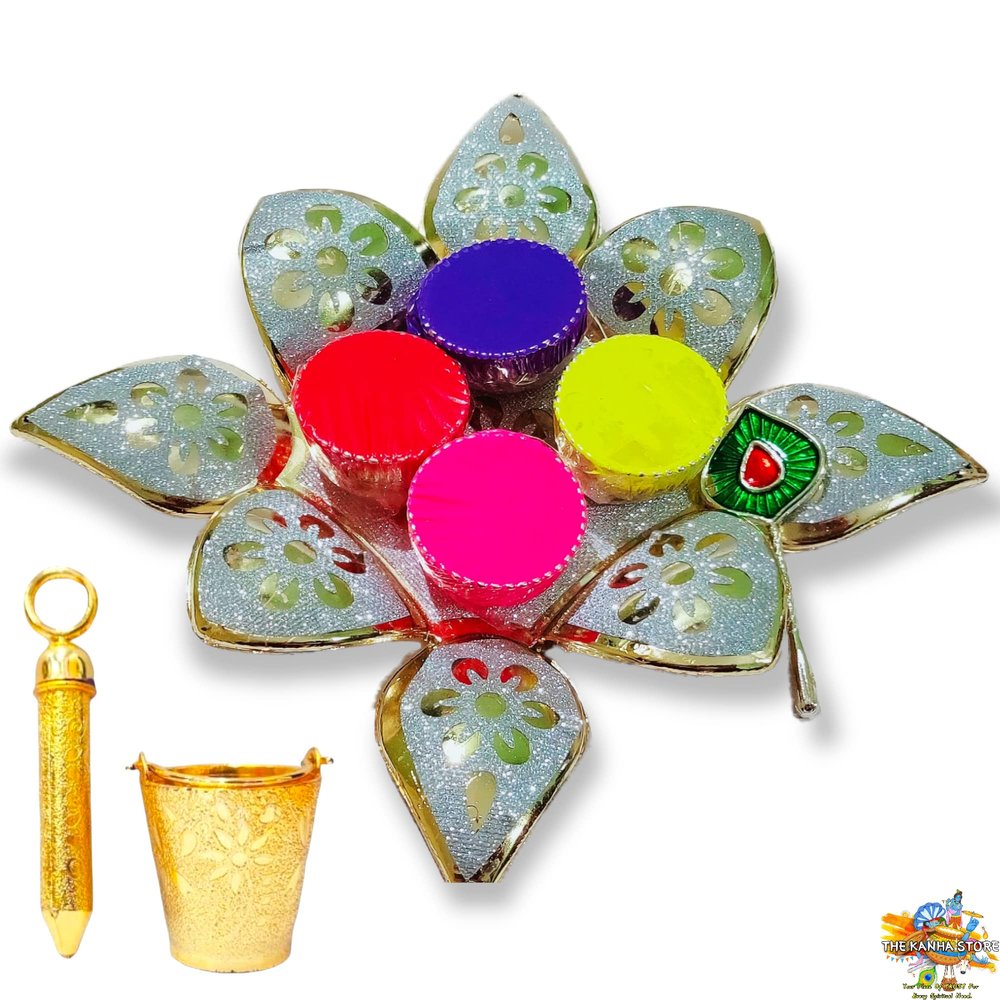 Brij Sugandha Holi Plate & Bucket Pichkari | Plastic Silver Golden Holi Combo Set for Laddu Gopal Holi FestivalBy The Kanha Store (4 Bowl Plate)