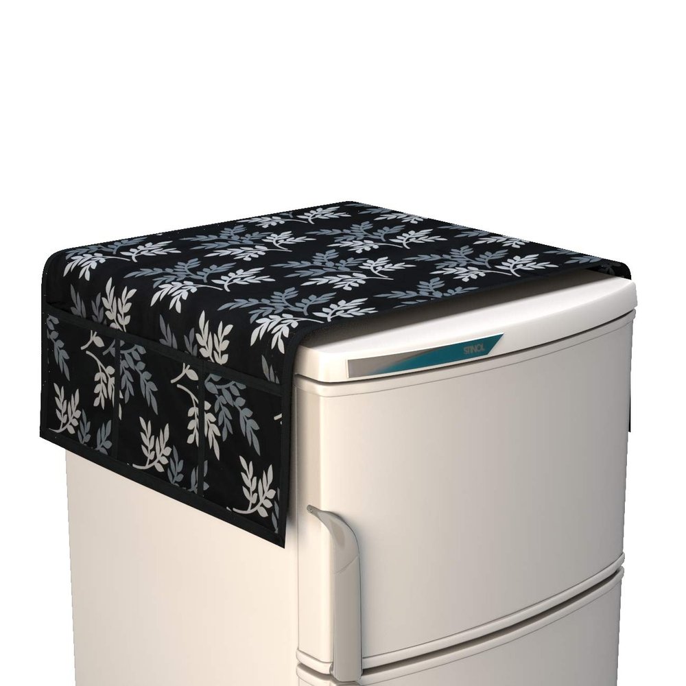 Factcore Solid Fridge Cover for Top with 6 Pockets (21 X 39 Inches) (Black Leaf)