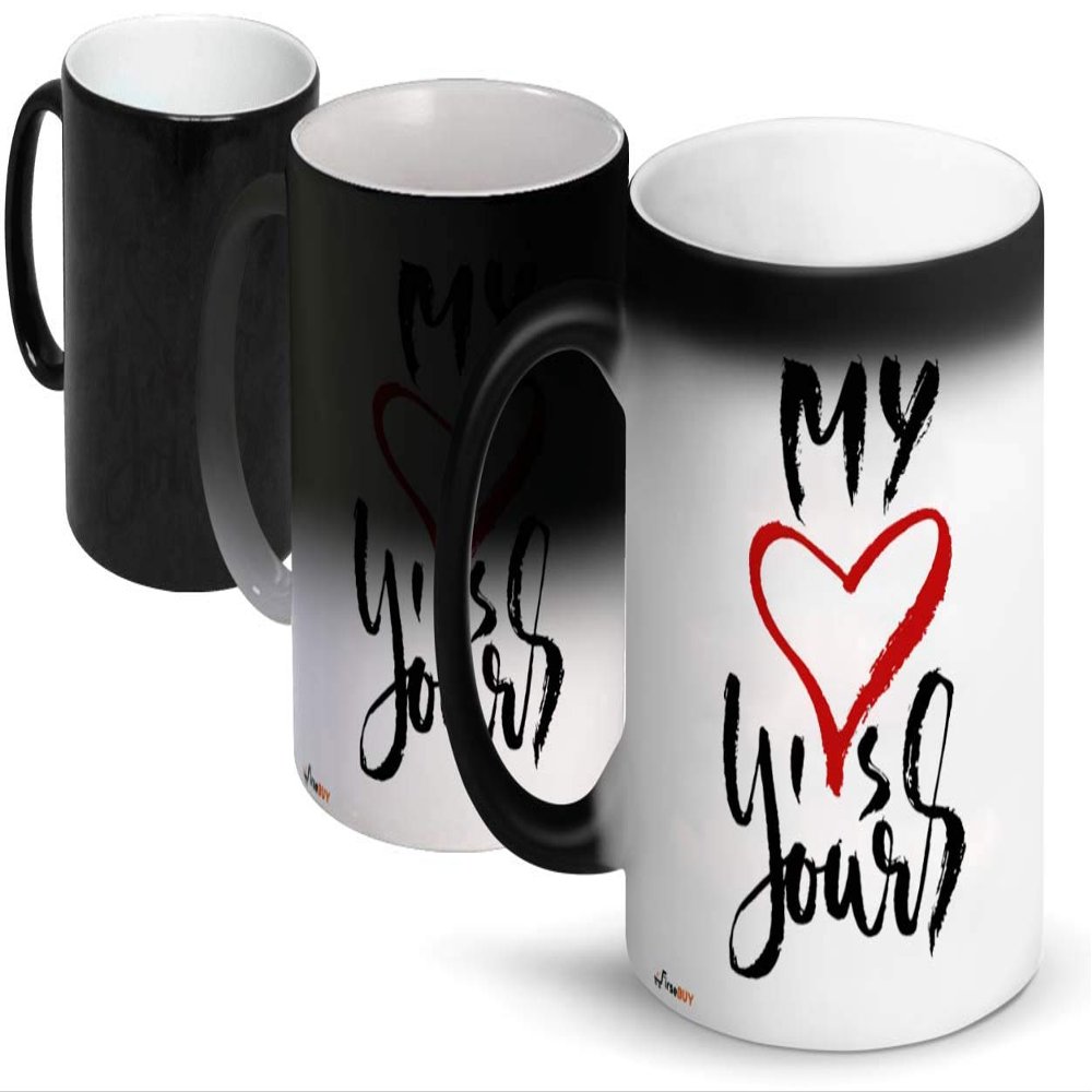 FirseBUY Romantic Quotes - My Heart is Yours Love Printed Ceramic Magic Mug Gift for Girlfriend Boyfriend Husband Wife, Black 325 ml