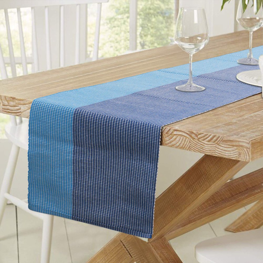 HOKIPO Cotton Ribbed Washable Dining Table Runner 6 Seater, (Blue, 12x72 Inches) IN-275-BL