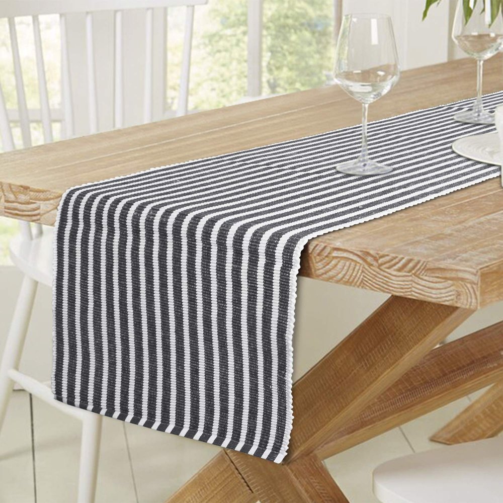HOKIPO Cotton Ribbed 6 Seater Dining Table Runner (12x72 Inches, Grey, IN-277-GRY)