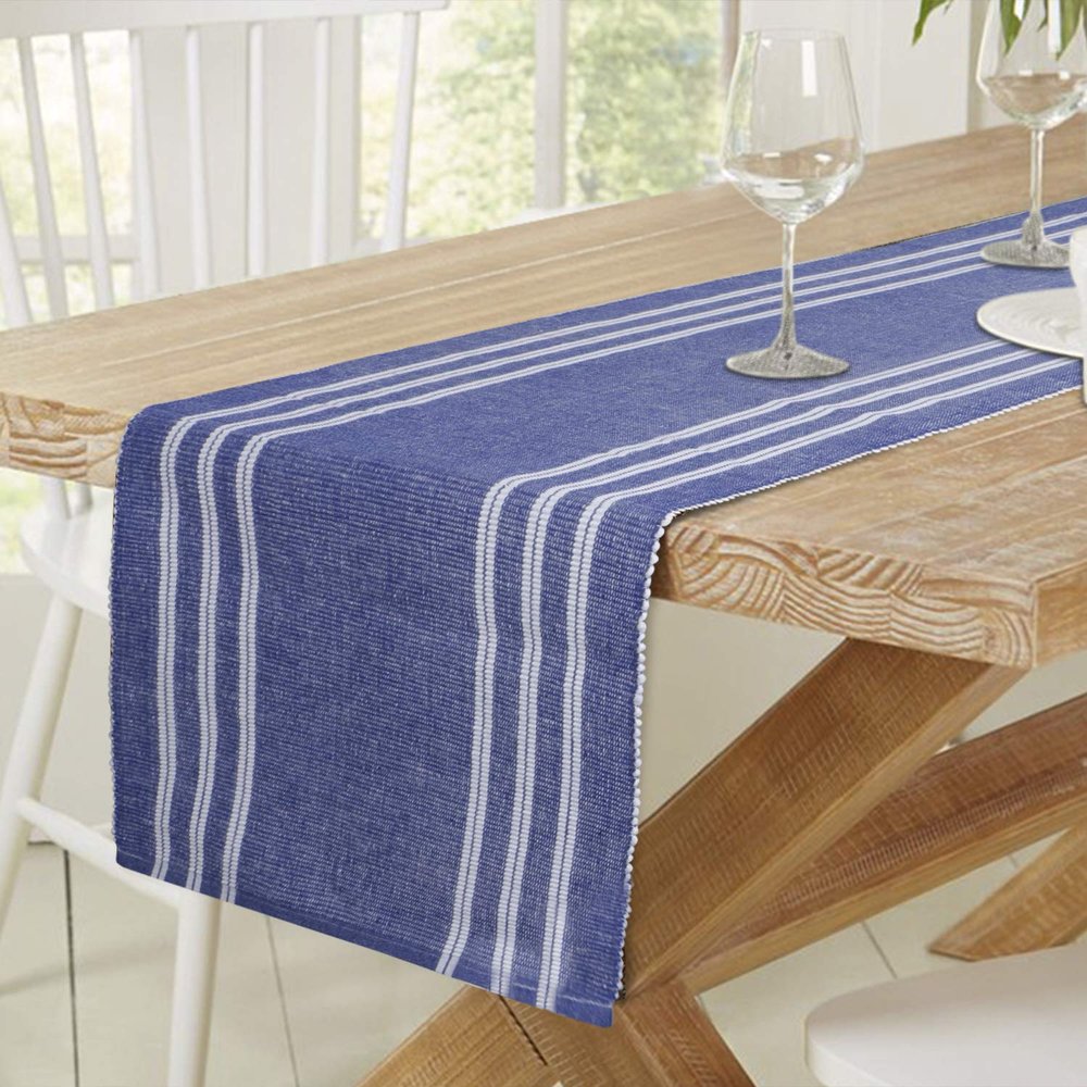 HOKIPO Cotton Ribbed Table Runner for Dining Table 6 Seater, (Blue, 12x72 Inches)