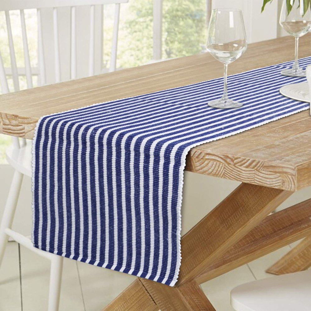 HOKIPO Cotton Ribbed Runner for Dining Table 6 Seater, 12x72 Inches, Blue (IN-277-BL)