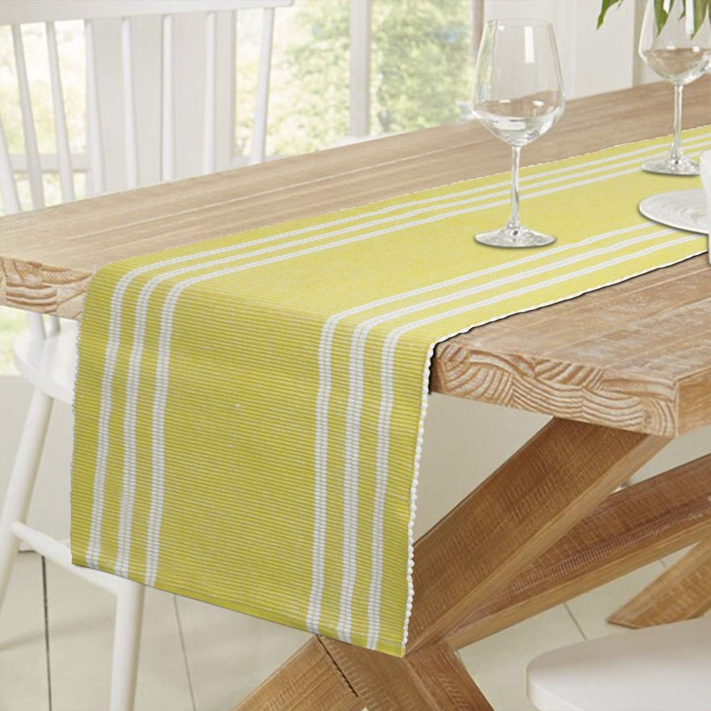 HOKIPO Cotton Ribbed 6 Seater Dining Table Runner, 12x72 Inches, Yellow (IN-273-YLW)