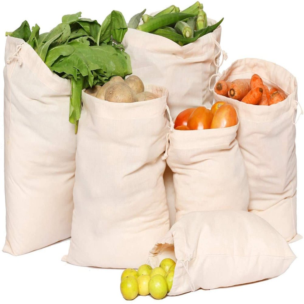 SARFII 100% Cotton Set of 12 Reusable Fridge Storage Bags for Vegetables and Fruits Quality Multipurpose Eco Friendly Bags (4 Large, 4 Medium & 4 Small Size Bags)