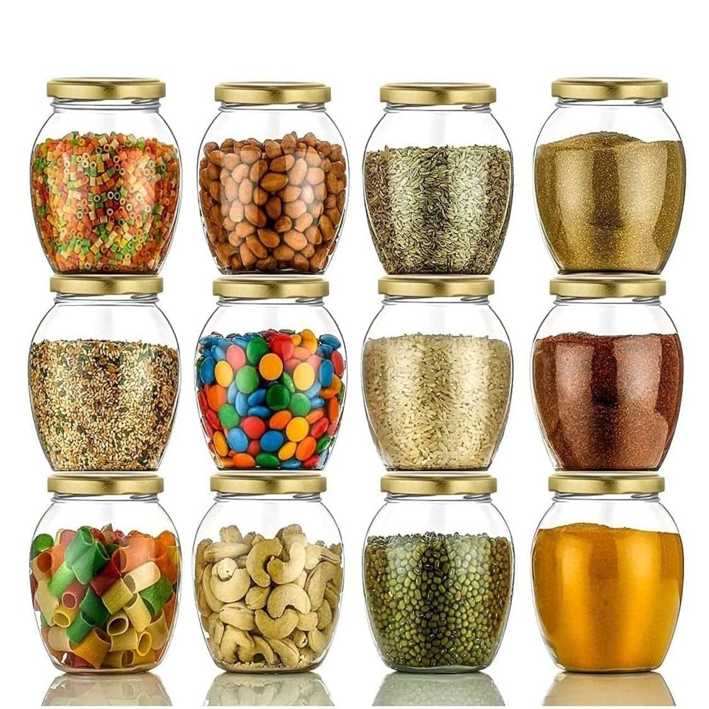 JIGSHTIAL Glass Jar with Air Tight Gold Lid for Kitchen Dried Masla Storage Jar,Honey Jar,Jar and Container,Spice Masala Jar,Pot Glass Matka,Visible Glass Jar Pack of 12, Gold