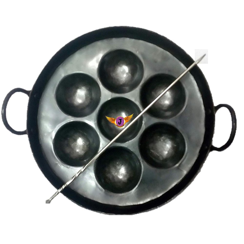 Jayam Traditional 7 Cavity Iron Appam Patra/Paniyaram Pan/Paniyara kallu with Stainless Steel Turner Rod