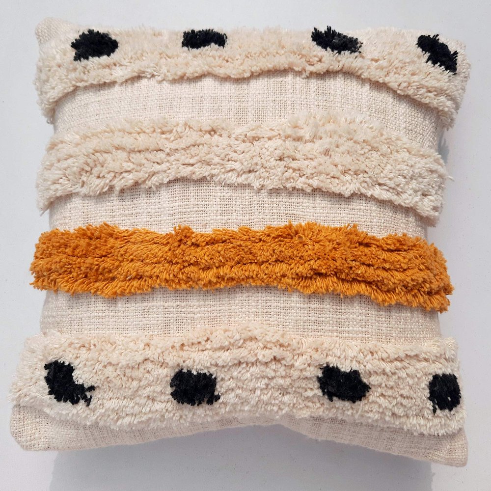 pepme Cotton Tufted Pillow Cushion Cover Hand-Woven Knitted, Rows Dots Pattern for Living Room, Sofa, Chair (16x16 inches, Off-White, Orange)