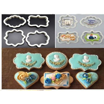 HomeBakers Mart 4pcs Vintage Plaque Frame Fondant Cutter Set Plastic Biscuit Mould Fondant Cake Decorating Tools