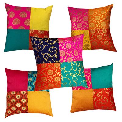 PINK PARROT - Jacquard Dopian Silk Multi Colour 150 TC Cushion Cover 16X16 Inch-Set 5 Pcs
