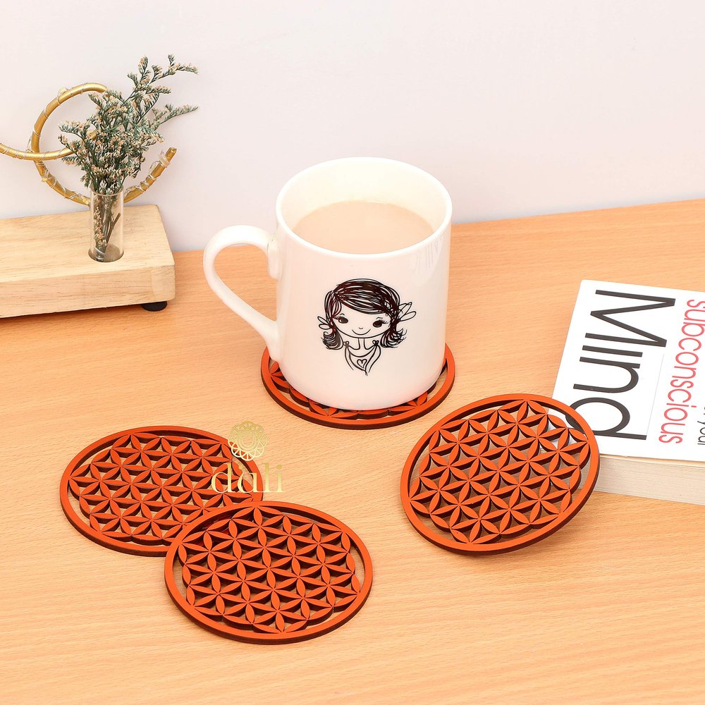 DULI Lasercut MDF Carved Wooden Coasters for Tea Coffee (Set of 4) (Orange Floral)