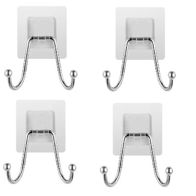 ZIVIK 4Pcs Stainless Steel Wall Hangers, Bath Towel Double Hook, Self Adhesive Hooks Stick On Wall Hanging Door Clothes Holder Utility Hanging Hooks Storage (Transparent) (4, Double Hook)