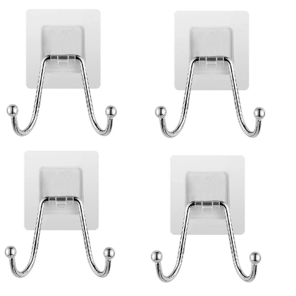 ZIVIK 4Pcs Stainless Steel Wall Hangers, Bath Towel Double Hook, Self Adhesive Hooks Stick On Wall Hanging Door Clothes Holder Utility Hanging Hooks Storage (Transparent) (4, Double Hook)