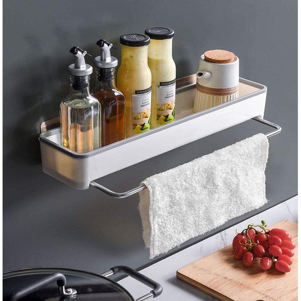 ZURATO Plastic Self Adhesive Wall Mounted Storage Organizer Caddy Shelves with 4 Hooks (Multicolour, Size No-193)