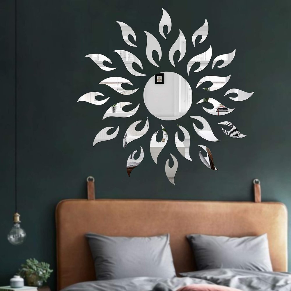 Bikri Kendra Acrylic Wall Mount Sun 3D Decorative Mirror Wall Stickers- Silver (Art BK 21N08)