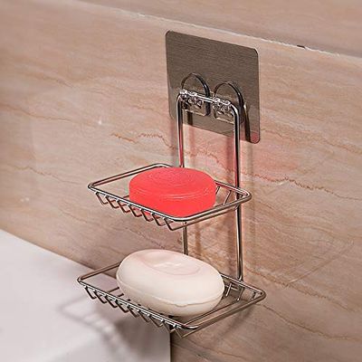 KENAYO ENTERPRISE Wall Mounted Double Layer soap Dish Holder Stainless Steel Wall Hanging Soap Storage Rack for Kitchen Bathroom (Silver)