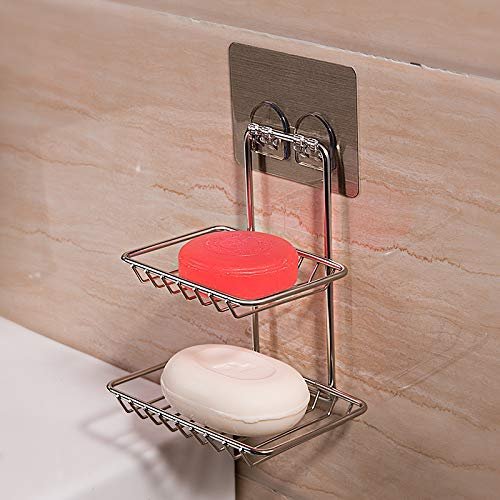 KENAYO ENTERPRISE Wall Mounted Double Layer soap Dish Holder Stainless Steel Wall Hanging Soap Storage Rack for Kitchen Bathroom (Silver)
