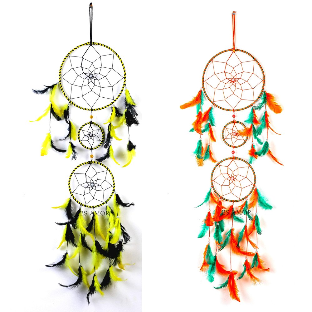 BS AMOR Combo of Dream Catcher Attract Positive Dreams Traditional Indian Wall Art for Bedrooms, Home Wall, Hanging Design Wool Dream Catcher - Yellow Black and Orange Green Pack of 2