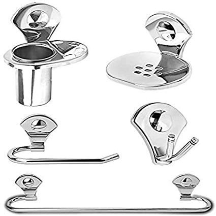 CAPITAL Stainless Steel Bathroom Accessories Set of 5 | Robe Hook, Soap Dish, Tumbler Holder, Towel Holder, Towel Rod | Wall Mounted Rustproof Bathroom Fittings - Silver