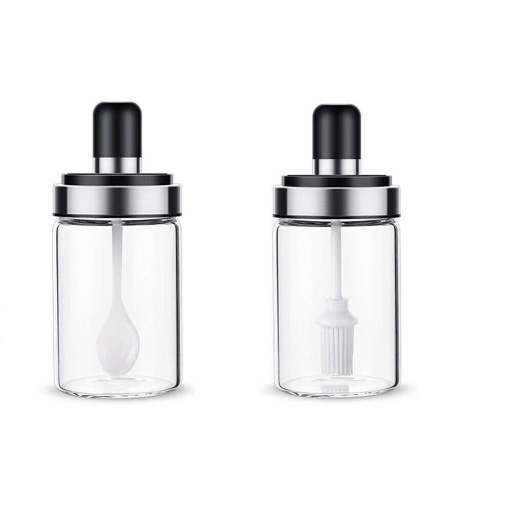 CARTSHOPPER Borosilicate Glass Food Storage Spice Salt Sugar Condiment Jar with Spoon and Olive Oil Bottle with Brush Combo for Kitchen (Transparent)(Set of 2)(250ml)