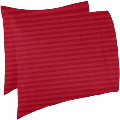 Texlux Cotton Luxurious Striped 2 Piece Sateen Pillow Cover Set, Standard Size, 17 inch x 27 inch- Red