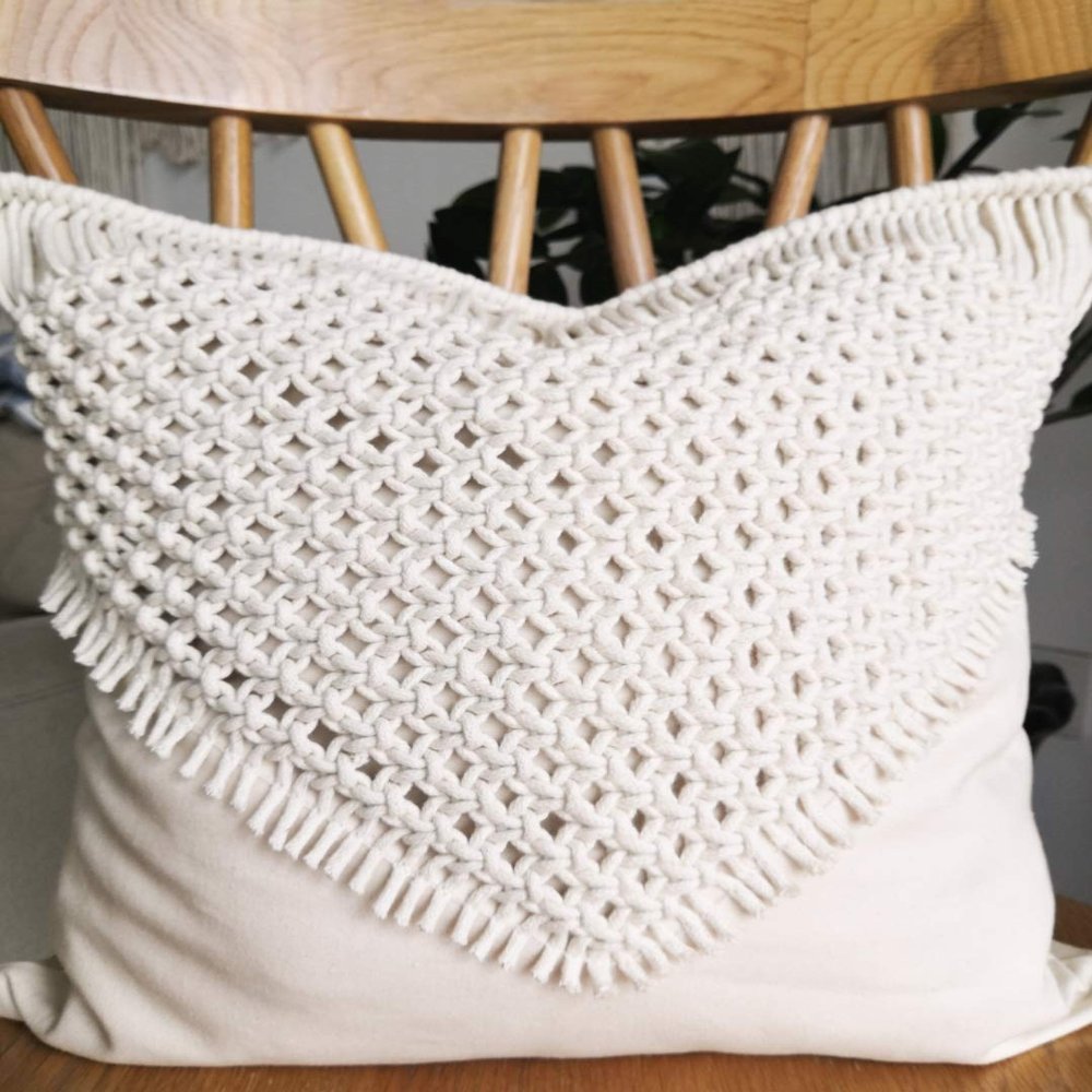 HOMELYVIBES Cotton Macrame Hand-Woven Knitted Square Pillow Cushion Cover with Heart (Off-White, 17X17 Inches) Pack of 1