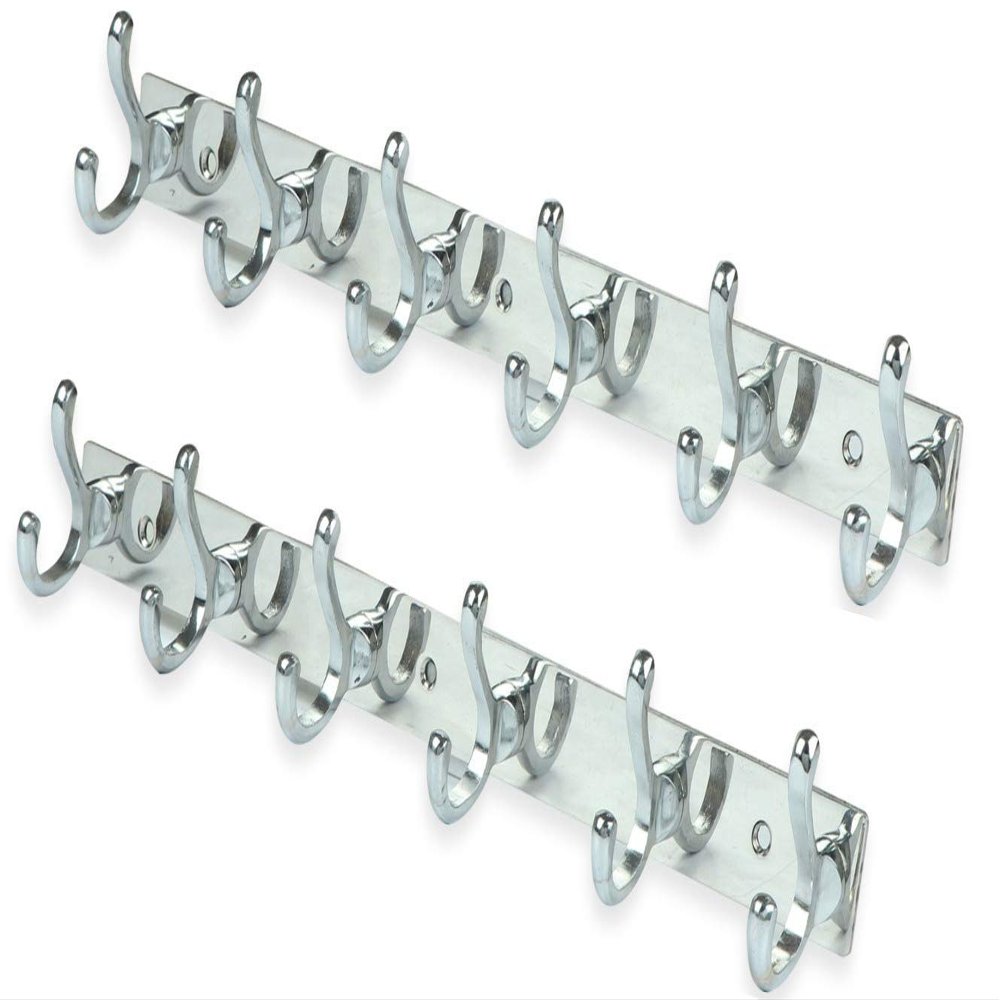 Quality Plus -Exclusive Extra Long 40 cm Brass 6 Pin Metal Bathroom Cloth Hooks Hanger Door Wall Robe Hooks Rail for Hanging Keys,Clothes,Towel (2, Chrome)