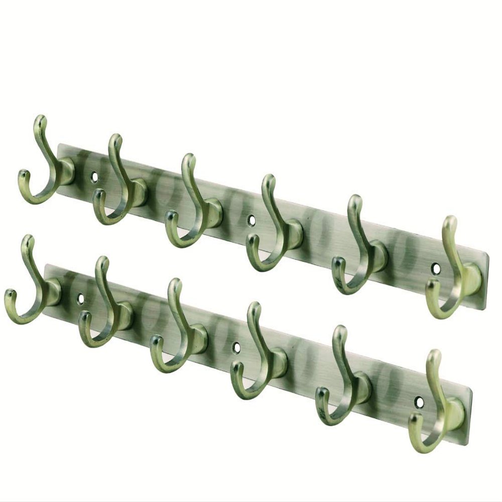 Quality Plus -Exclusive Extra Long 40 cm Brass 6 Pin Metal Bathroom Cloth Hooks Hanger Door Wall Robe Hooks Rail for Hanging Keys,Clothes,Towel (2, Antique)