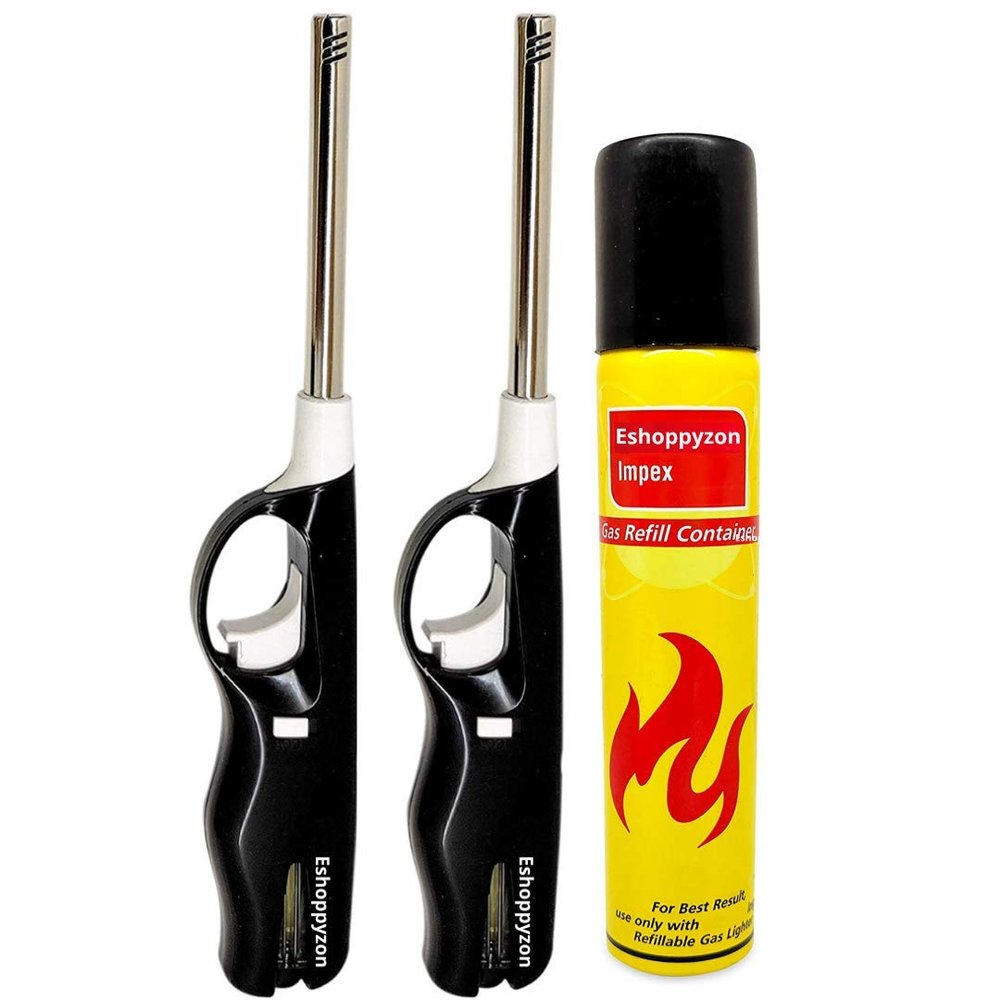 Eshoppyzon Refilable Gas Lighter for Kitchen Gas Stove with Gas Refill Bottle Cylinder Can Adjustable Flame BBQ Lighter for Candle, Diya, Barbecue and Household Use (Black- Plastic)