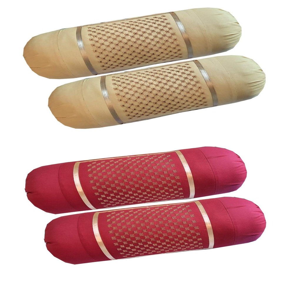 HSR Collection 100% Cotton Embroidered Stone Designed Bolster Cover - Set of 4, Beige & Maroon