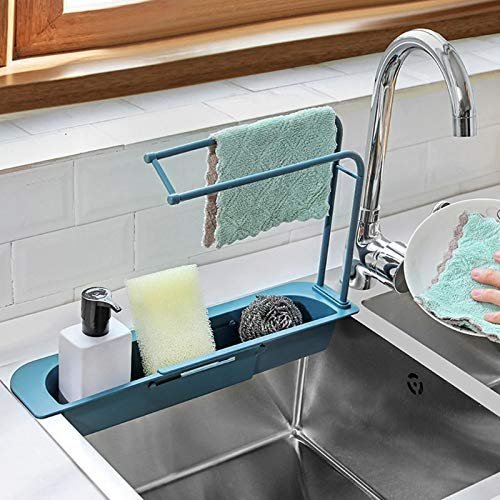Vroxy Plastic Expandable Kitchen Telescopic Sink Sponge Brush Soap Drying Basket Rack with Towel Bar (Multicolour)