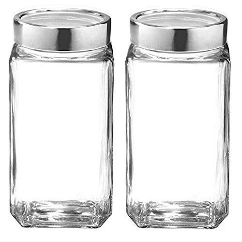 castanea Cube Glass Jar with Lid (Transparent, 1000 ml) -Pack of 2