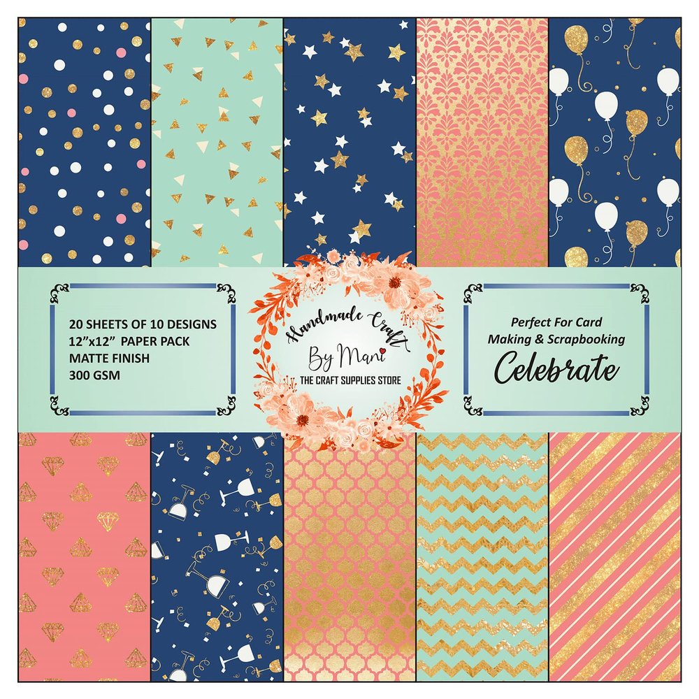 Dheett Scrapbooking Paperpack 12 Inches 20 Decorative Craft Scrapbook Paper Designer Sheets 300 GSM Matte Finish Perfect for Making Greeting Cards Envelops Explosion Boxes and Albums - Celebrate
