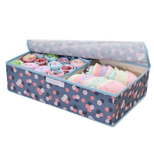 Vaoza Innerwear Organizer 16+1 Compartment Foldable Fabric Storage Box for Closet, Storage Box/Closet Organizer/Drawer Organizer, Underwear Closet Storage for Socks, Bra (Sky Blue Flower)