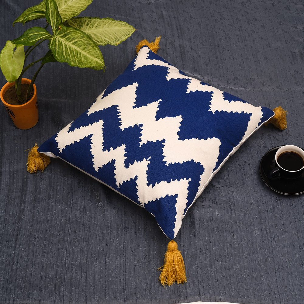 Decoghar Blue Handmade Bohemian Embroidered Throw Pillow Cover | Square Cushion Cover for Living Rooms, Bedrooms, and Offices | 16x16 Inch | Pack of 1