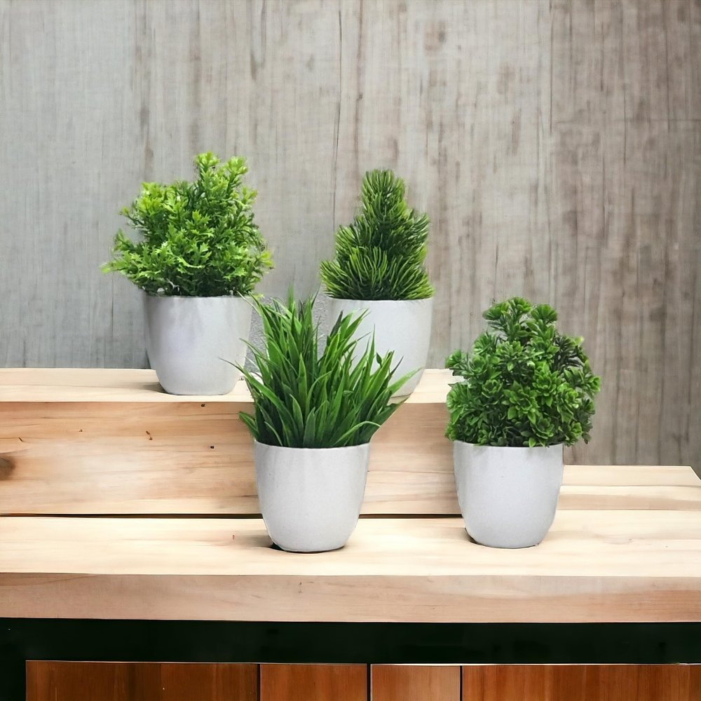 Litleo Mini All Green Different for Home Office Or Decoration Bonsai Wild Artificial Plant with Pot (Set of 4, 15 cm, Green)